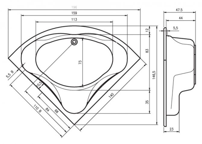 Baignoire triangulaire en acrylique - les dimensions vous permettent de s'intégrer dans une petite pièce