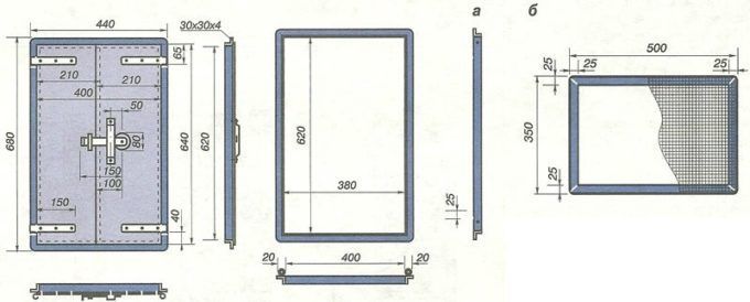 La porte et la maille de la chambre de cuisson du four Volkov. Dimensions en mm. a - la porte de la chambre de cuisson; b - grille de la chambre de cuisson.